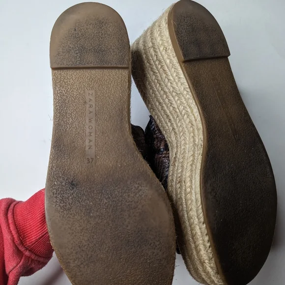 Zara Jute Espadrille Platform Sanda Size 37 Brown Snake 6.5 - Picture 5 of 6